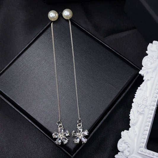 Crystal Flower Threader Earrings with Pearl Studs - SandyKandy