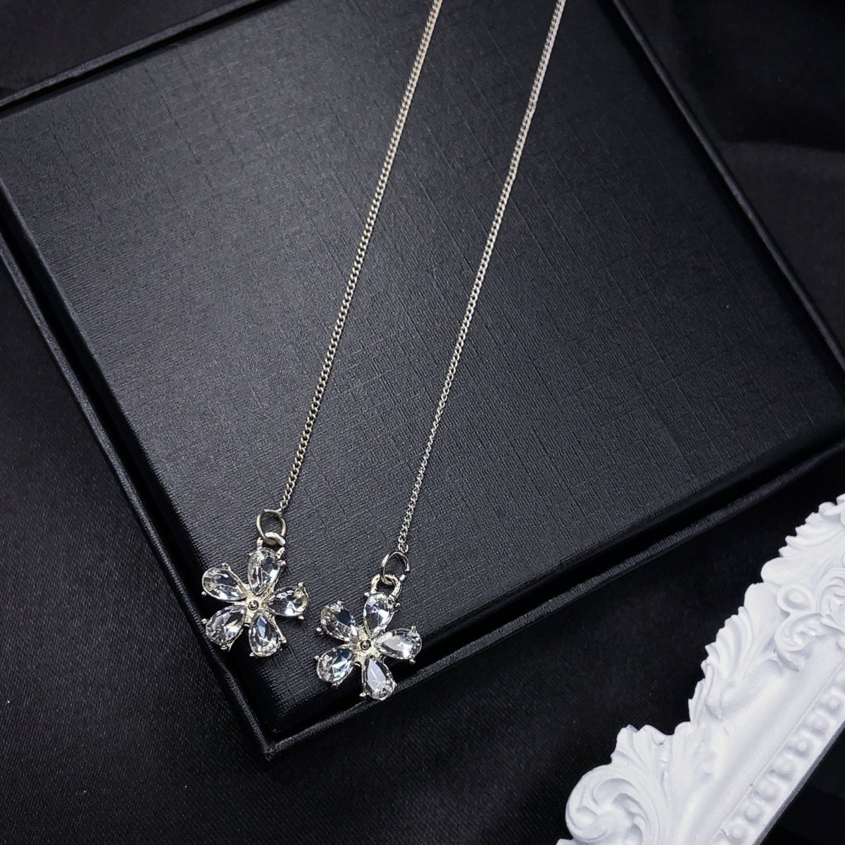 Crystal Flower Threader Earrings with Pearl Studs - SandyKandy