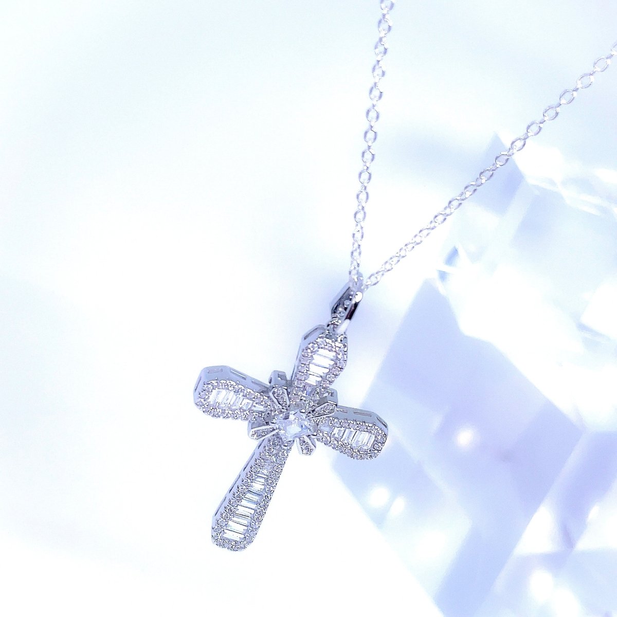 Emerald Cut Crystal Cross Necklace - SandyKandy