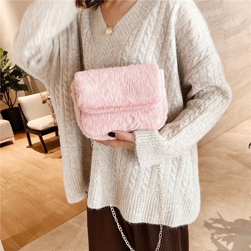 Chic Flap Design Solid Color Plush Crossbody Bag | SandyKandy Limited Co