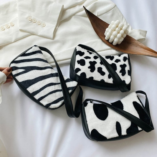 Fashion Chic Zebra Cow Pattern Plush Underarm Bag