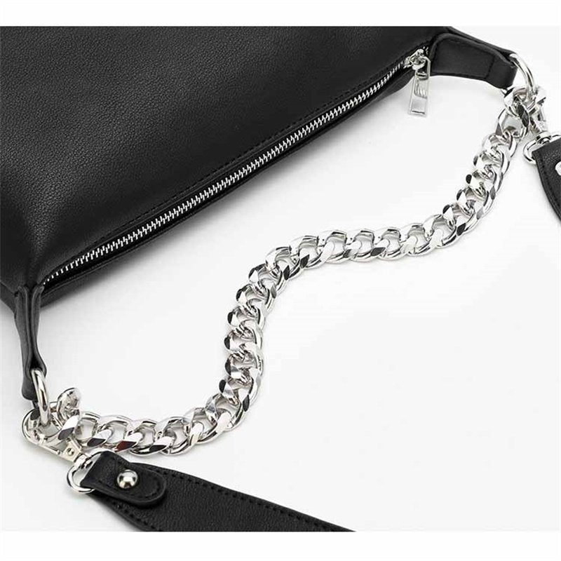 Metal Chain Design Solid Black Crossbody Bag