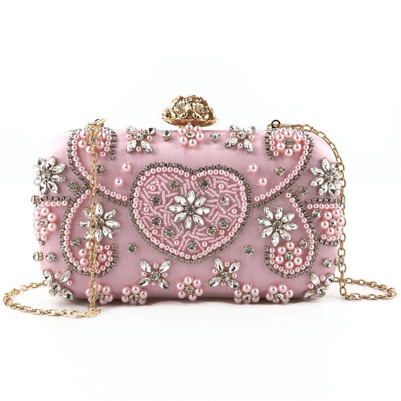 Rhinestone Flower Inlay Heart Pattern Clutch Square Evening Bag | SandyKandy Limited Co