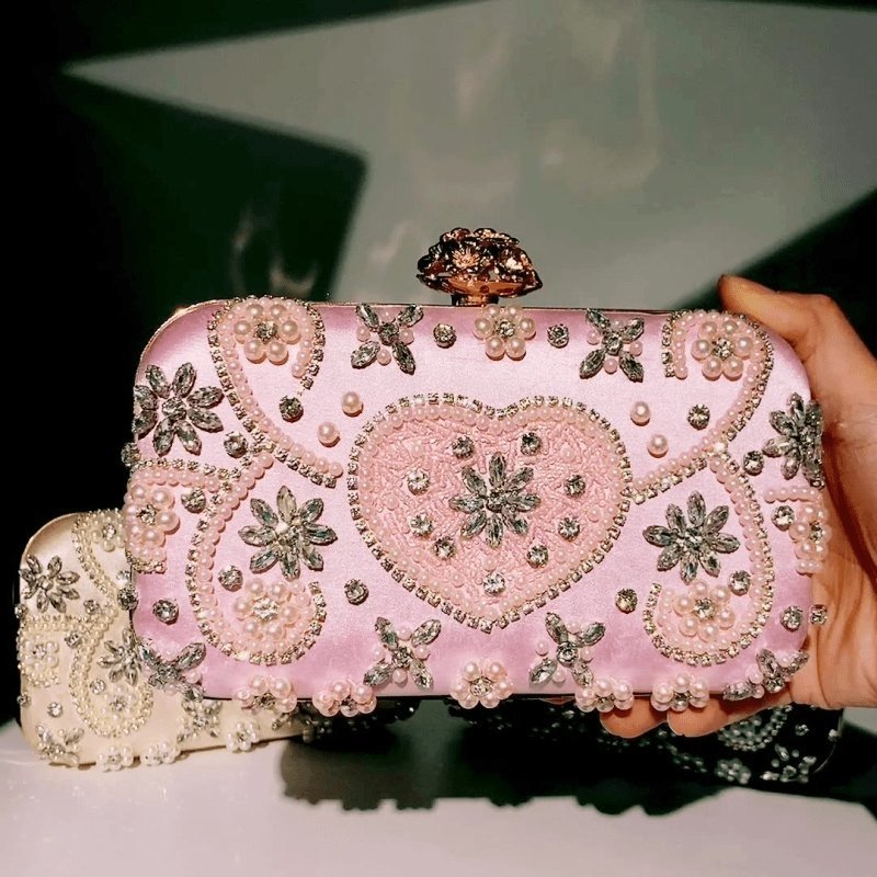 Rhinestone Flower Inlay Heart Pattern Clutch Square Evening Bag | SandyKandy Limited Co