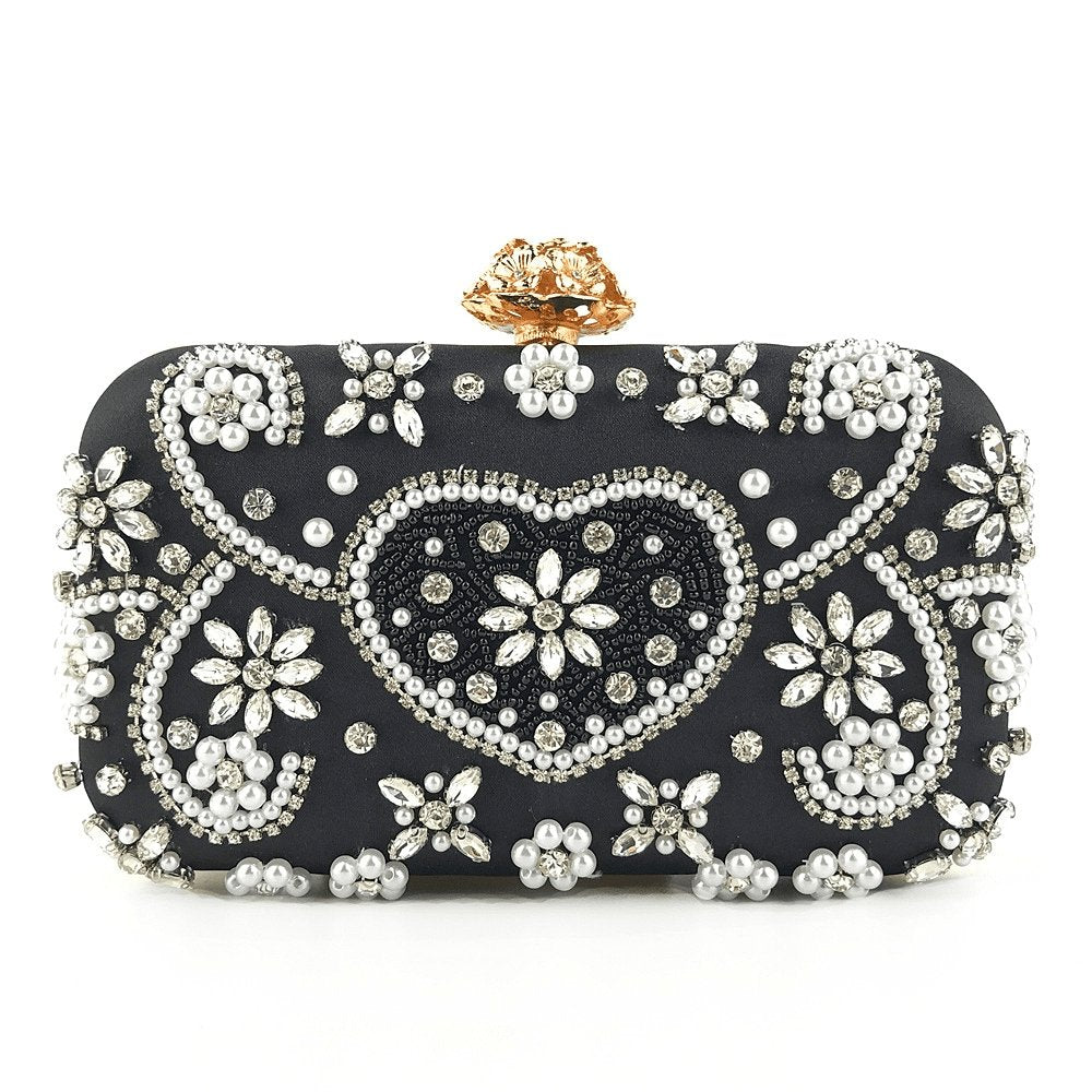 Rhinestone Flower Inlay Heart Pattern Clutch Square Evening Bag | SandyKandy Limited Co